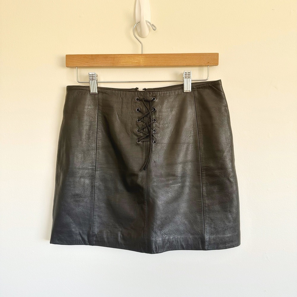 VTG Wilson Leather Mini Skirt Lace Up Black Biker Moto Indie Sleaze Punk Size 6